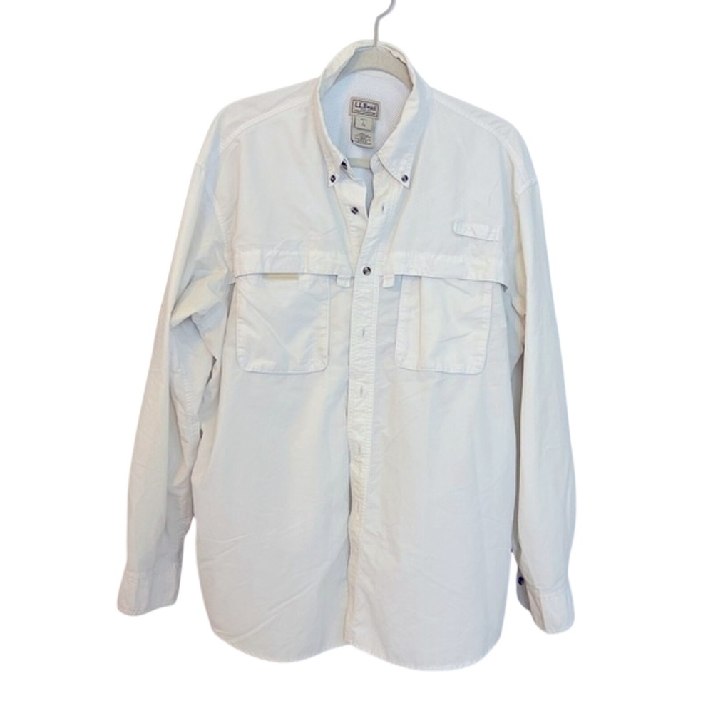 LL Bean Mens Large White Vented Fishing Shirt‎ Long Sleeve Nylon Blend OPD24